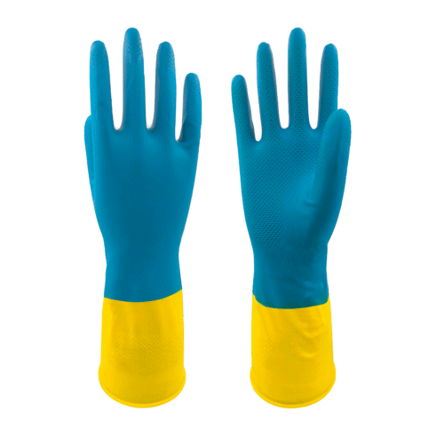 蓝黄色，上下双色，天然乳胶，鱼鳞纹，家用手套