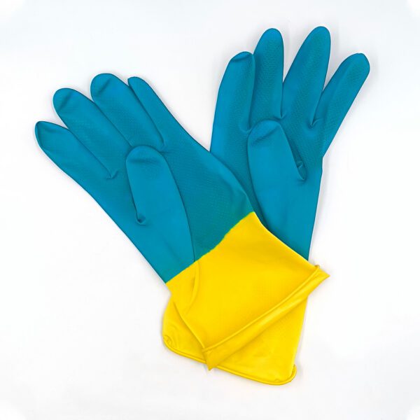 蓝黄色，天然乳胶家用手套，加厚设计，防滑纹理，鱼鳞纹，OEM