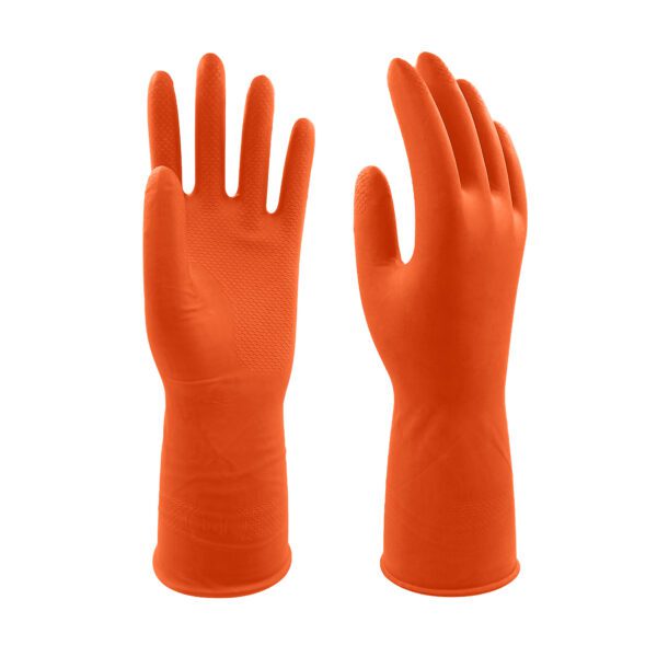 橙色，天然乳胶家用手套，加厚设计，防滑纹理，鱼鳞纹，OEM