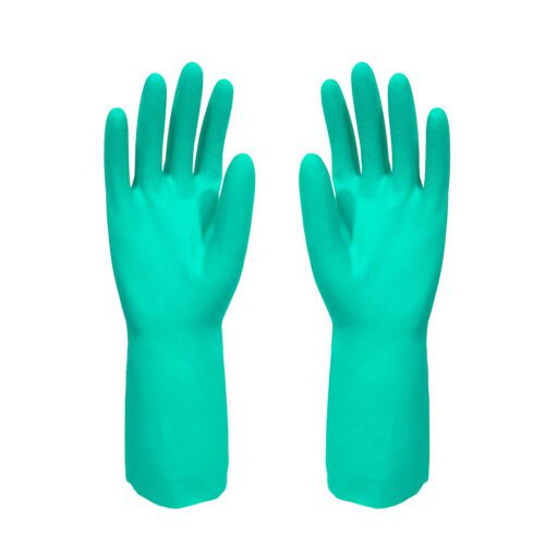 绿色丁腈手套，33cm钻石纹设计，耐磨耐油，钻石纹